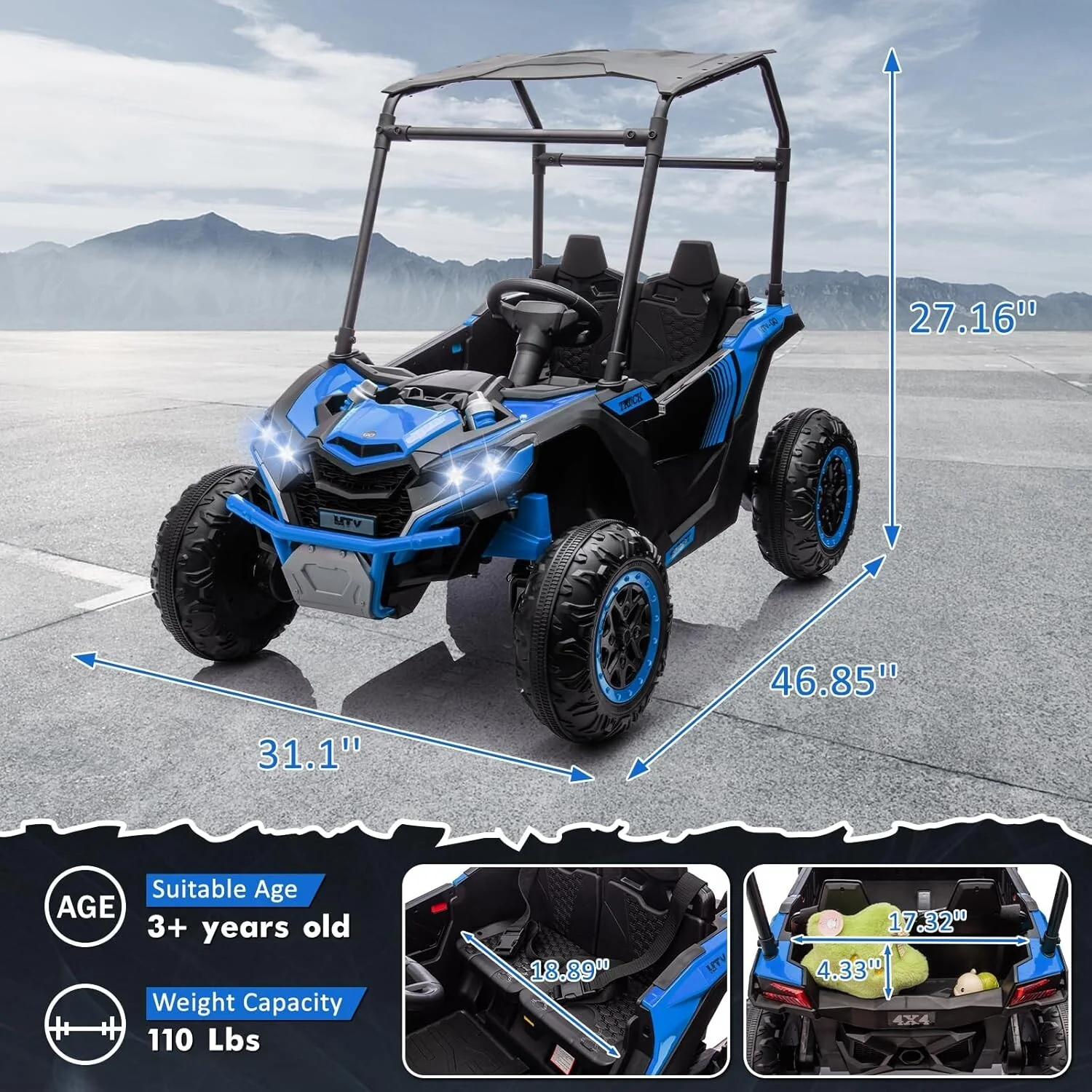 24V Electric 2-Seater Kids Ride-On UTV Truck 800W with Sunshade and Remote Control Blue - Image 2