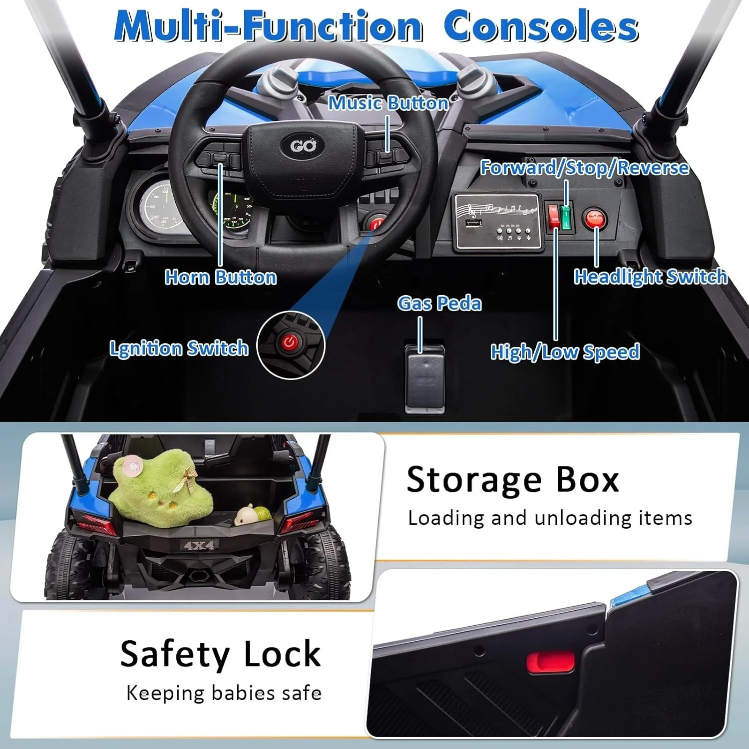 24V Electric 2-Seater Kids Ride-On UTV Truck 800W with Sunshade and Remote Control Blue - Image 4
