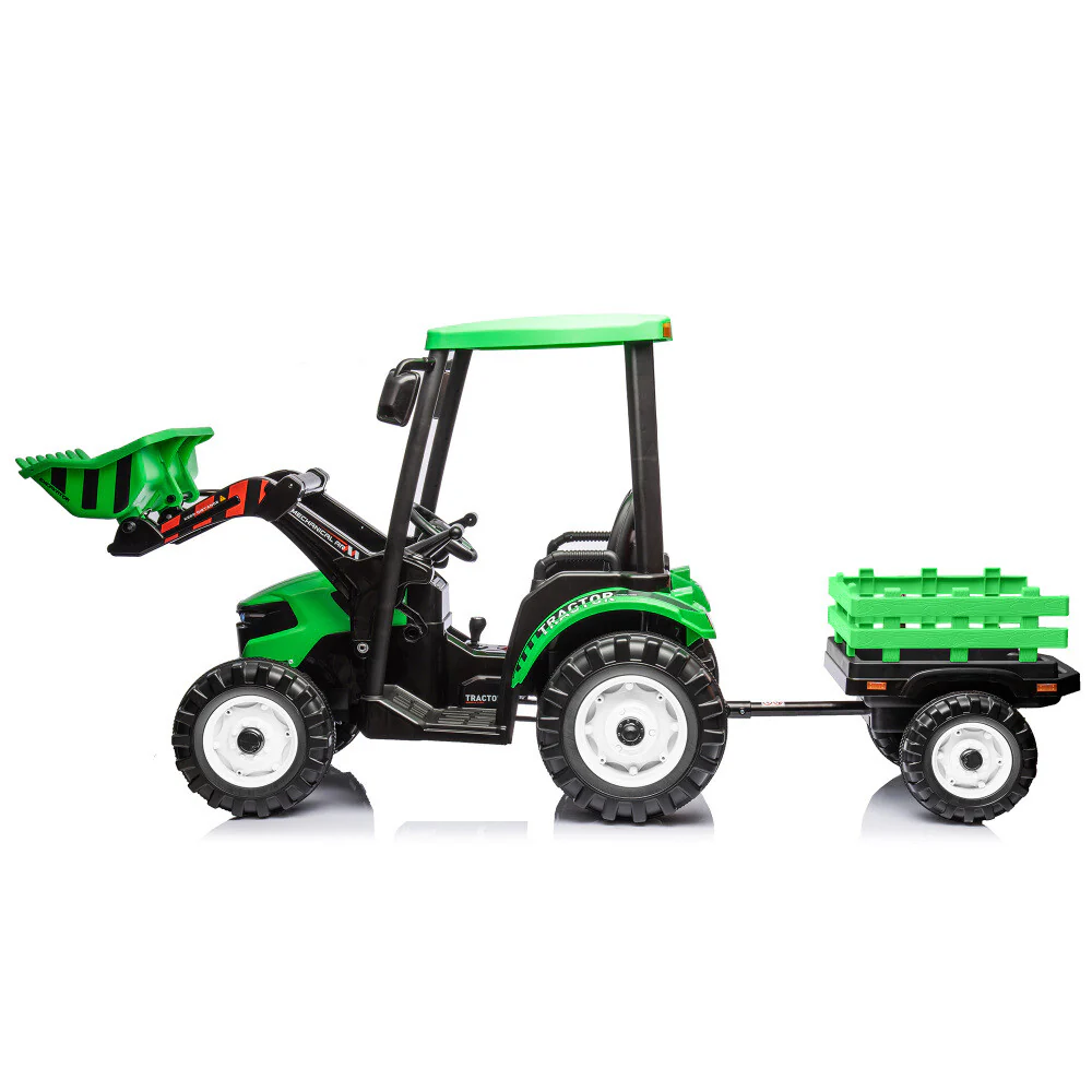 24V Kids Pedal Ride-On Tractor with Loader, Backhoe, and Trailer – Green - Image 4