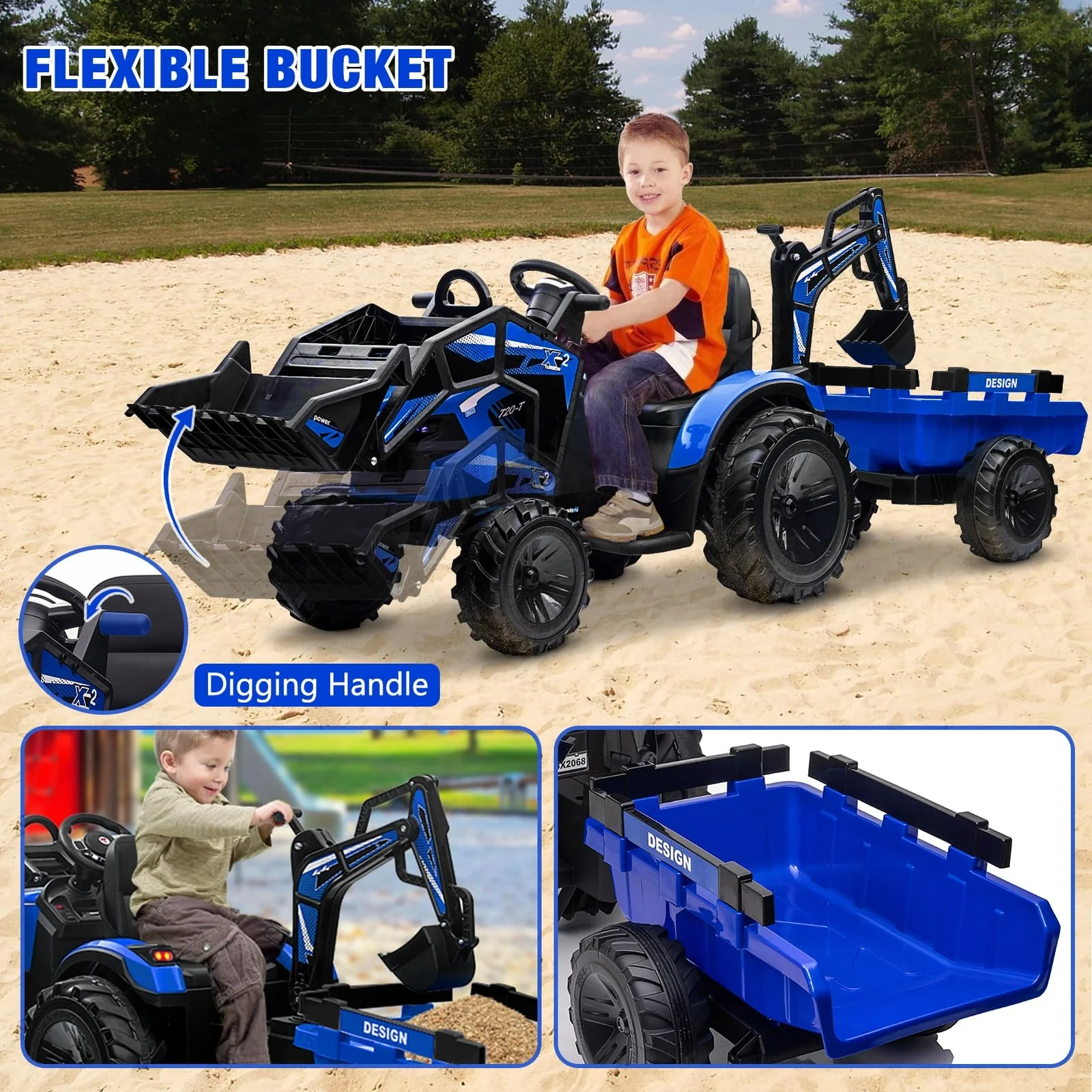 24V Ride-On Electric Excavator and Bulldozer Toy Vehicle with Trailer for Kids - Image 13