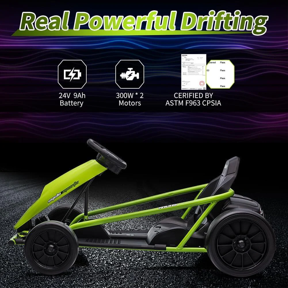 24V Ride-On Go Kart with Music and Horn, 8MPH High Speed for Kids 8-12 Years, Green - Image 4