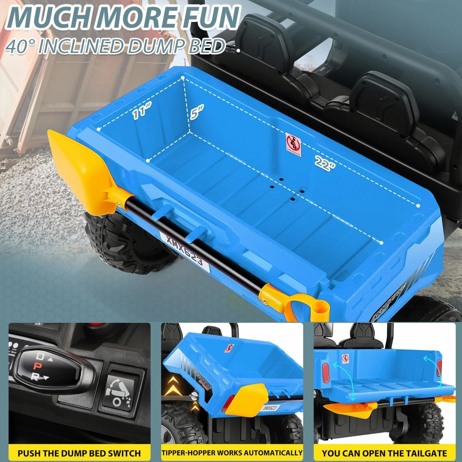 24V Electric 2-Seater Off-Road Kids Ride-On Dump Truck with 4-Wheel Drive and Functional Dump Bed - Image 4