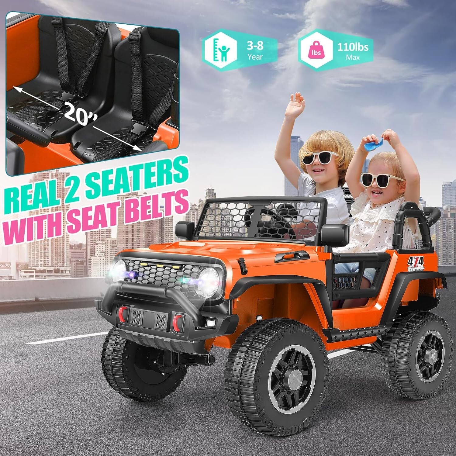 24V Ride-On Jeep 2-Seater with 4WD/2WD, 20-Inch Seat, LED Lights, Bluetooth, and Music - Image 10