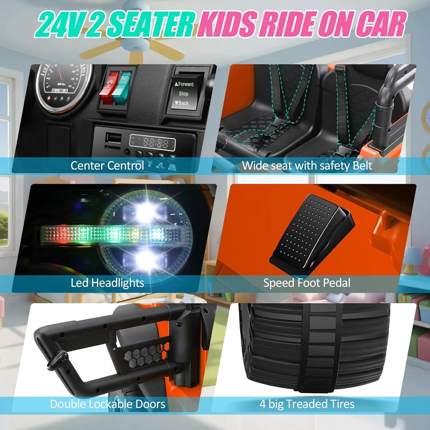 24V Ride-On Jeep 2-Seater with 4WD/2WD, 20-Inch Seat, LED Lights, Bluetooth, and Music - Image 14