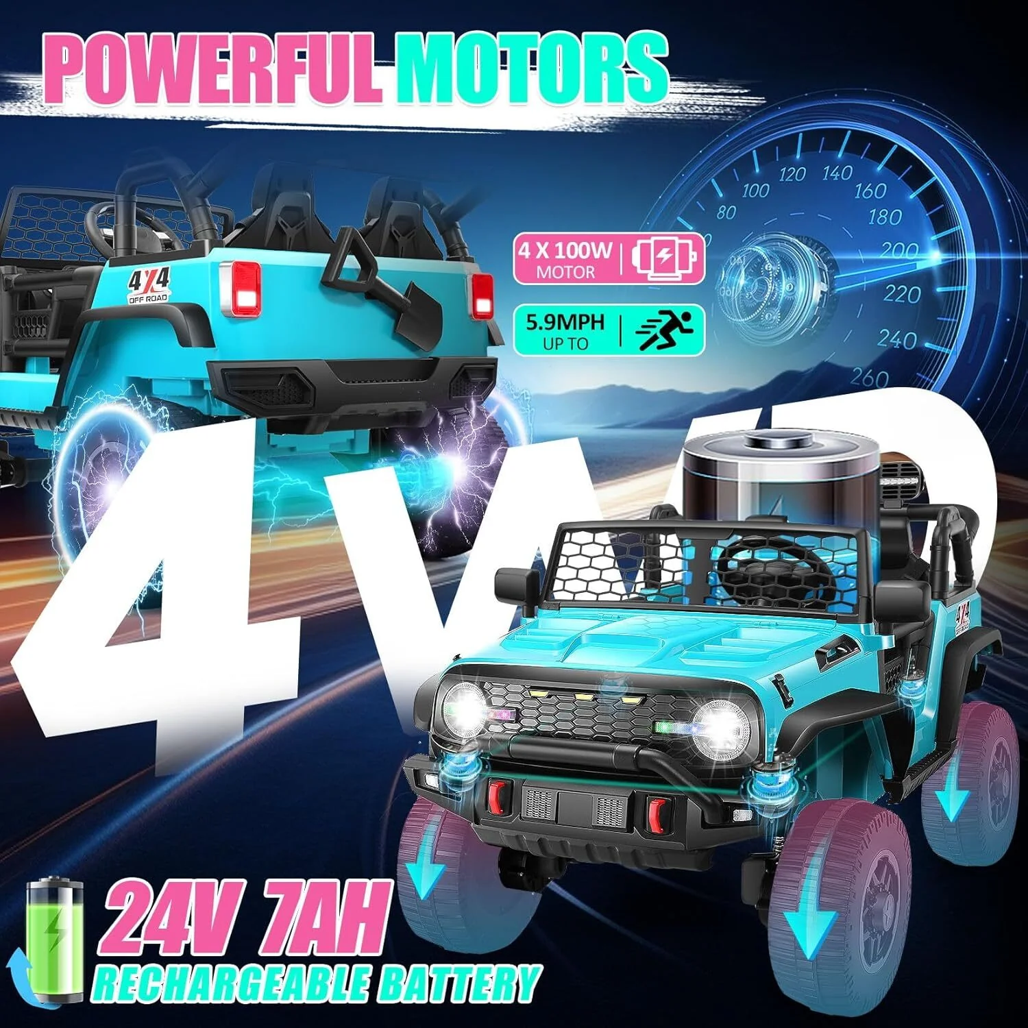 24V Ride-On Jeep 2-Seater with 4WD/2WD, 20-Inch Seat, LED Lights, Bluetooth, and Music - Image 2