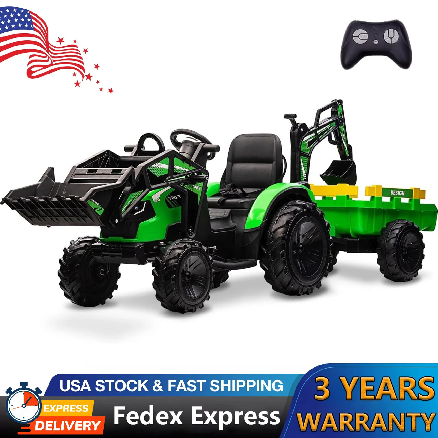 24V Electric Ride-On Tractor for Kids with Trailer, Excavator, and Bulldozer Attachments
