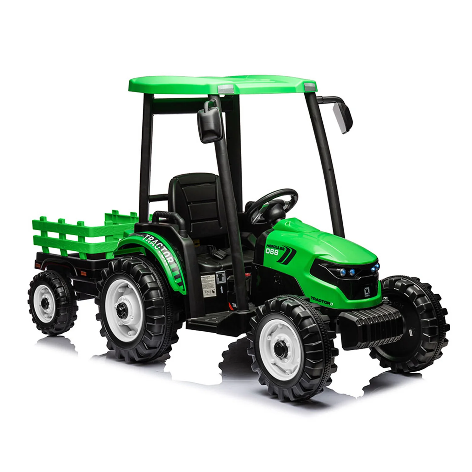 24V Battery-Powered Green Ride-On Tractor with Trailer Electric Vehicle Toy Car