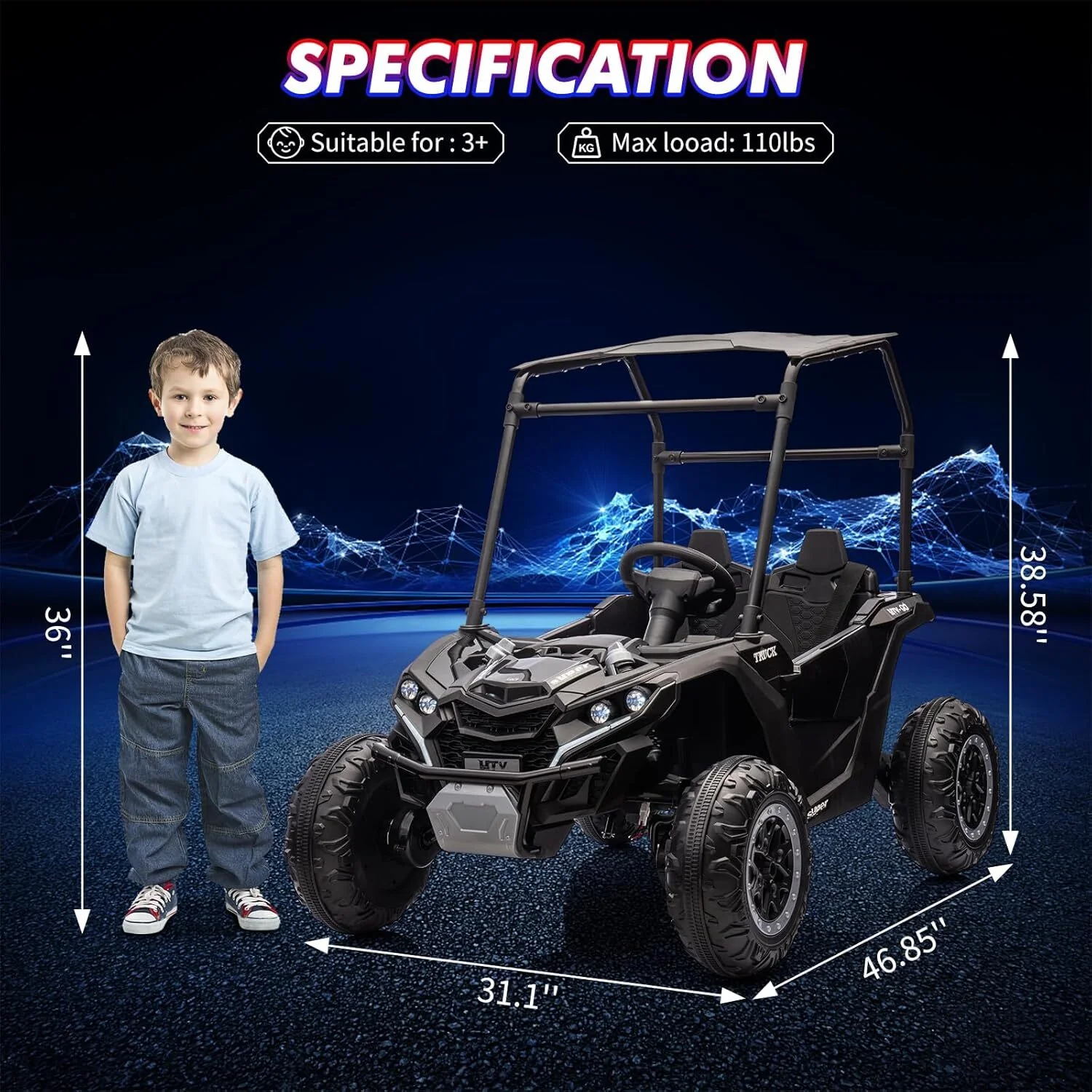 24V 2-Seater Electric Ride-On UTV Truck with Sun Shade and 4WD - Image 20