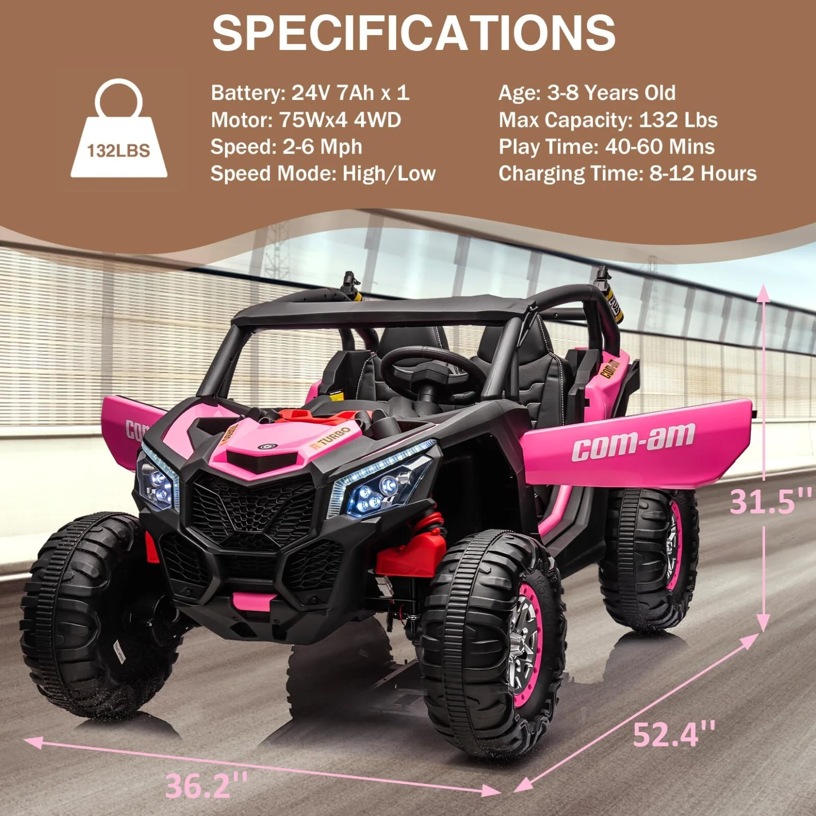 24V Ride-On 4WD Electric UTV Car with 2 Leather Seats - Image 6