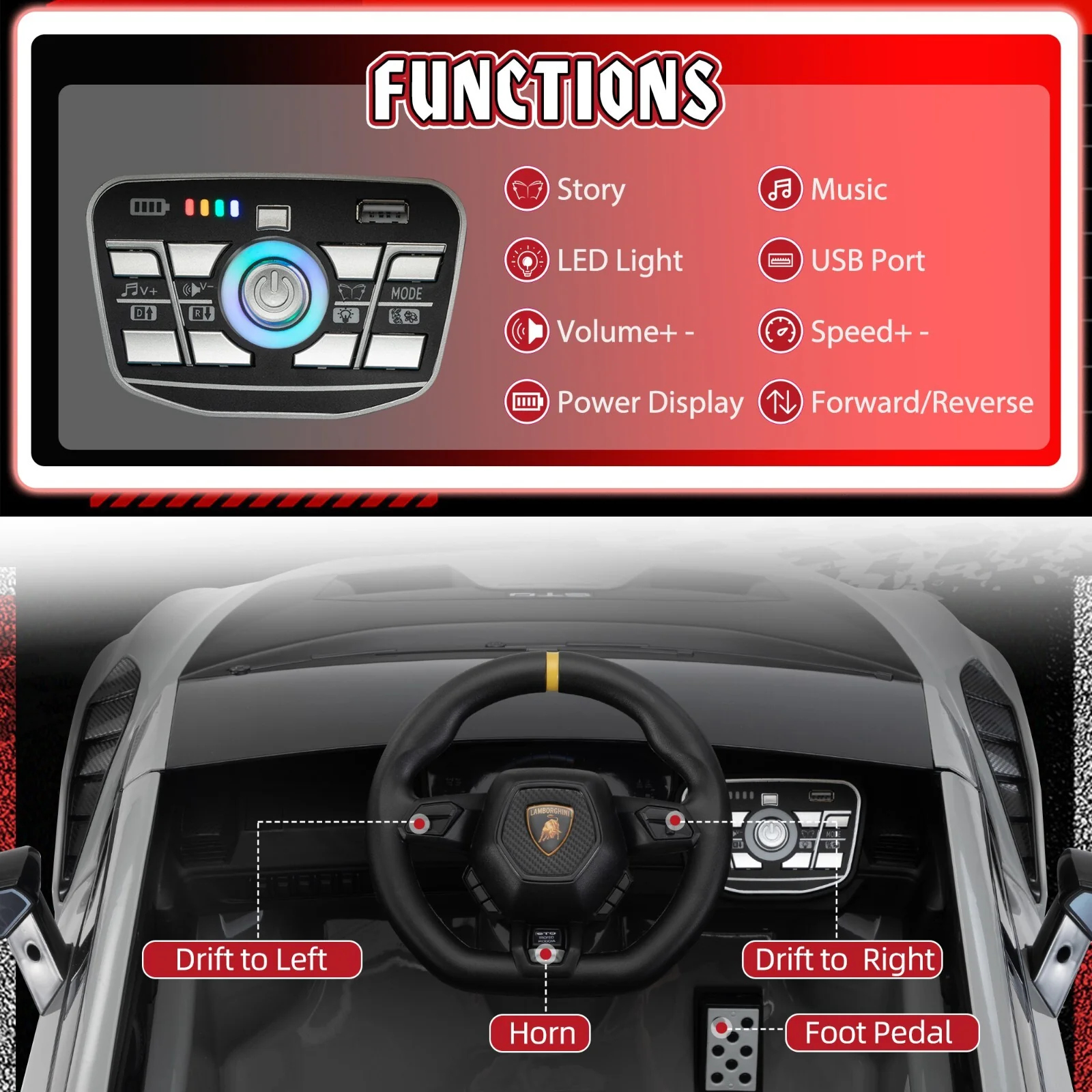 24V Kids Electric Ride-On Car Licensed Lamborghini STO with 360 Degree Drifting - Image 9