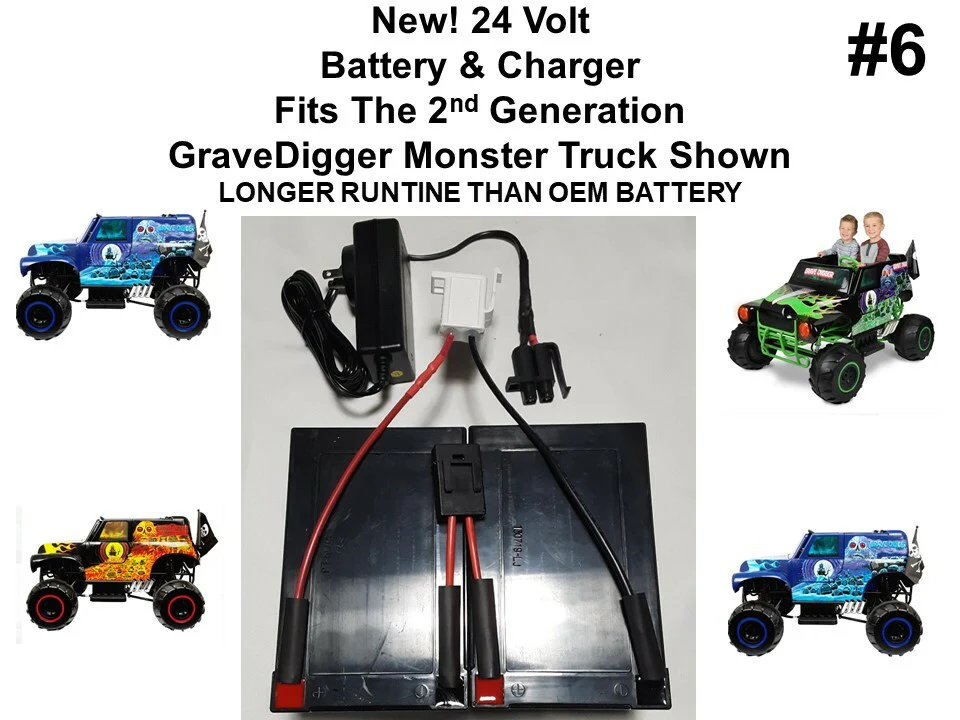 24V Battery and Charger for Grave Digger Power Wheels Gravedigger Version 6