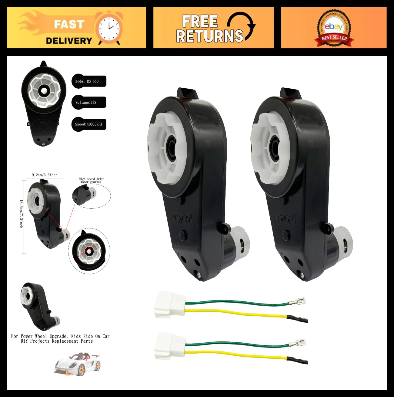 2-Pack High-Speed Electric Motor Gearbox for Kids Ride-On Vehicle, Compatible with 12V/24V