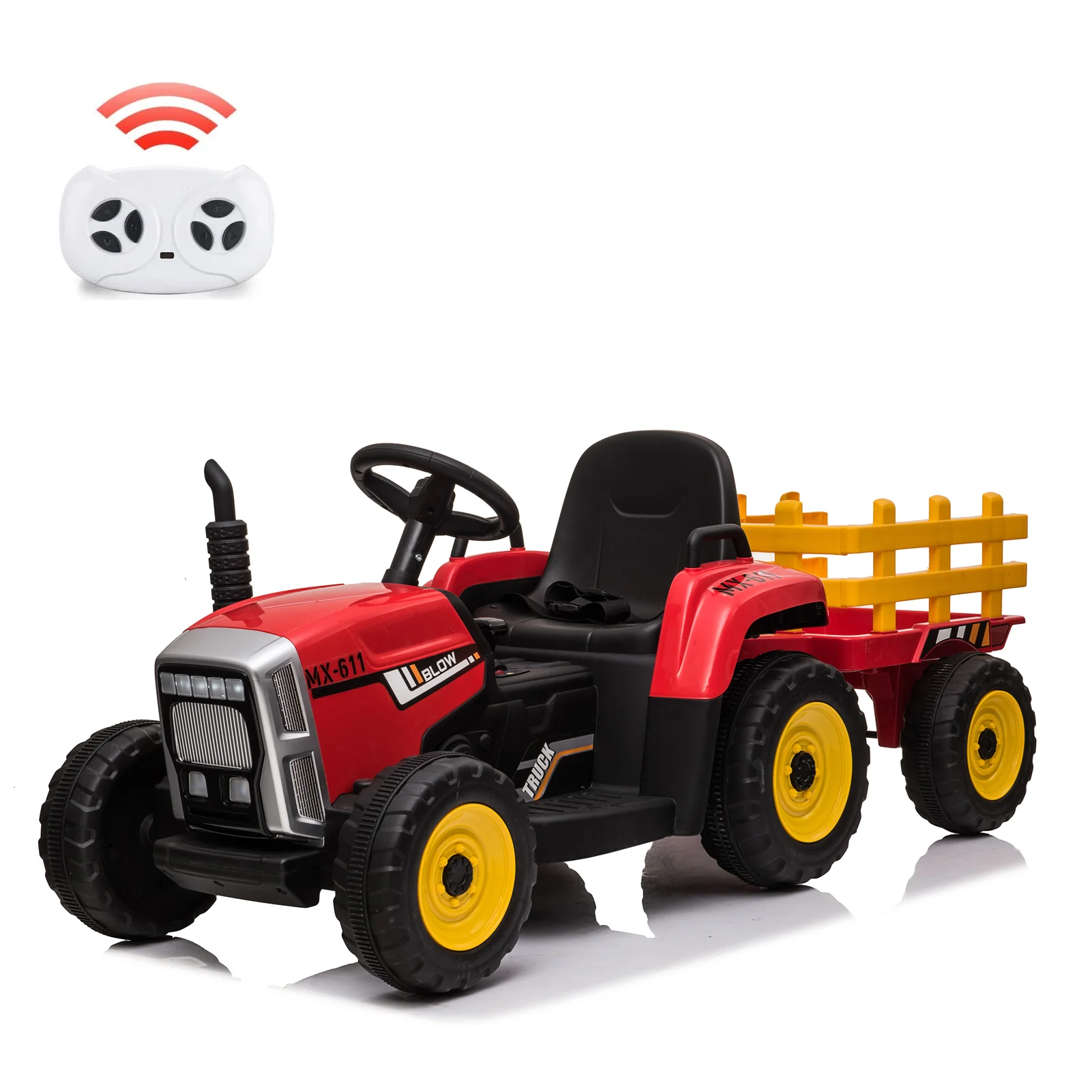 12V Electric Kid's Tractor with Trailer, Remote Control, LED Lights, Gear Shift, MP3, and USB for Ages 3-6