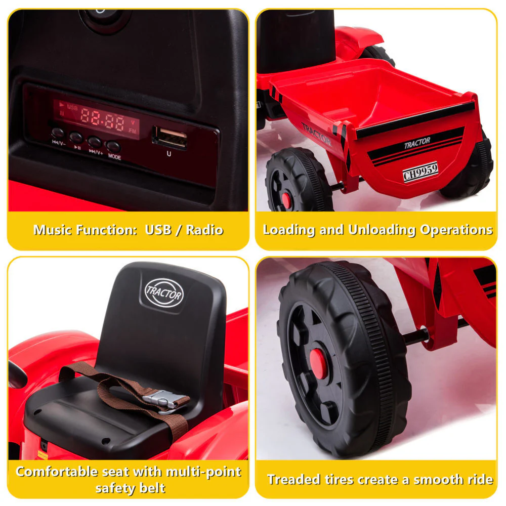 3-Gear-Shift Ground Loader Ride On Toy with LED Lights and Trailer Attachment - Image 9