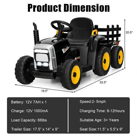 3-Gear-Shift Ride-On Tractor for Kids 3+ Years - Black - Image 4
