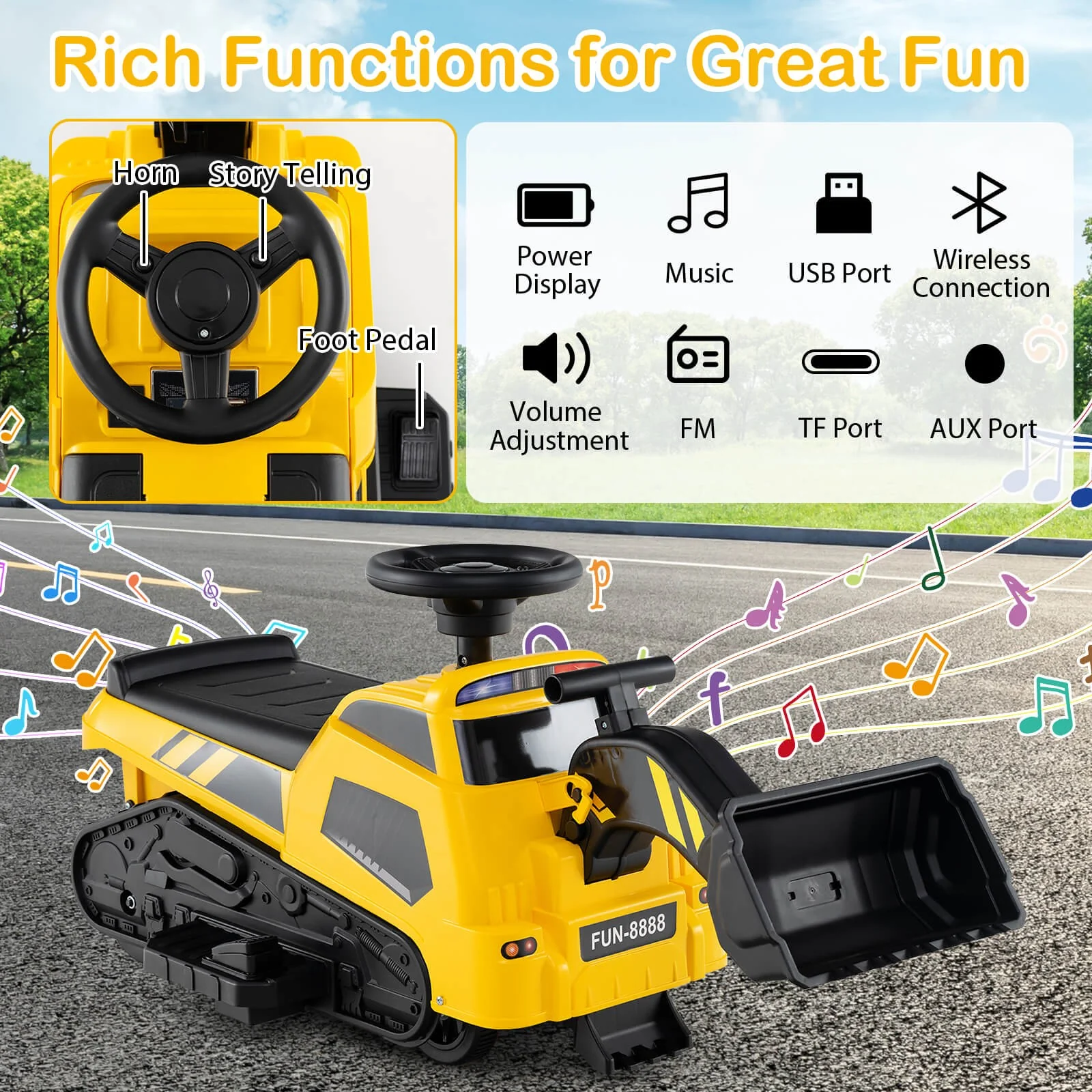 3-in-1 Excavator Ride-On Toy with Horn and Storytelling for Toddlers 18 Months and Up - Image 7