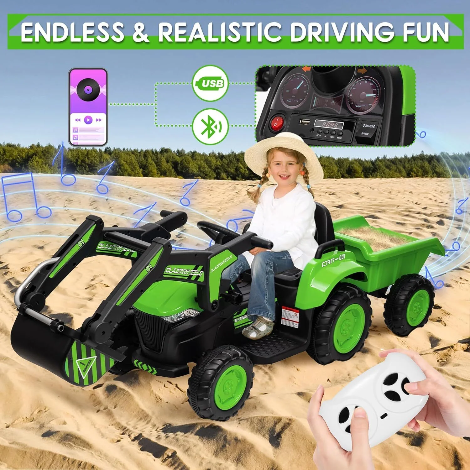 3-in-1 Kids Electric Ride-On Tractor with Excavator, Bulldozer, Remote Control, and Trailer 12V - Image 2