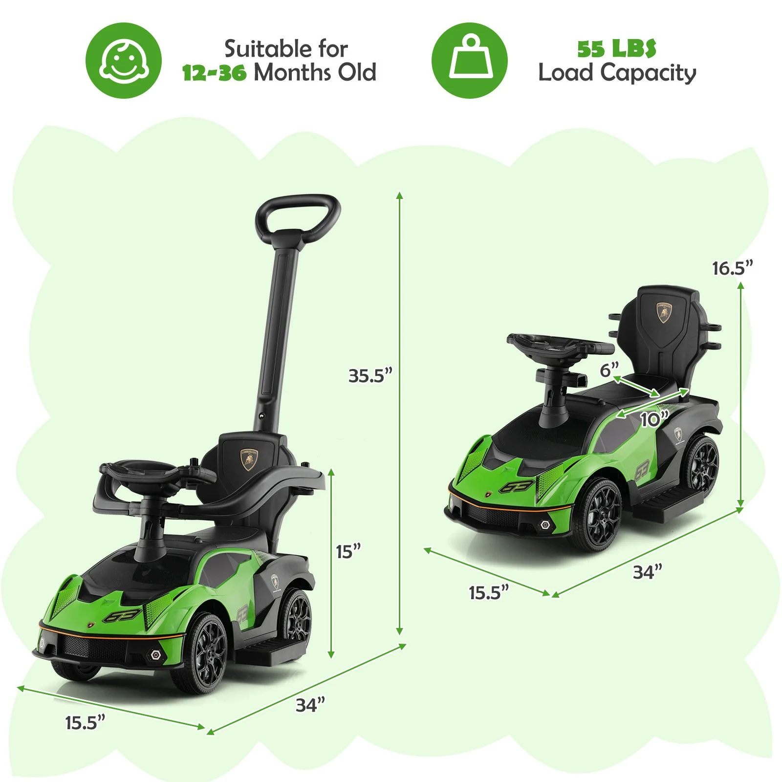 3-in-1 Licensed Lamborghini Ride-On Push Car Stroller Sliding Car with Sound Green - Image 2