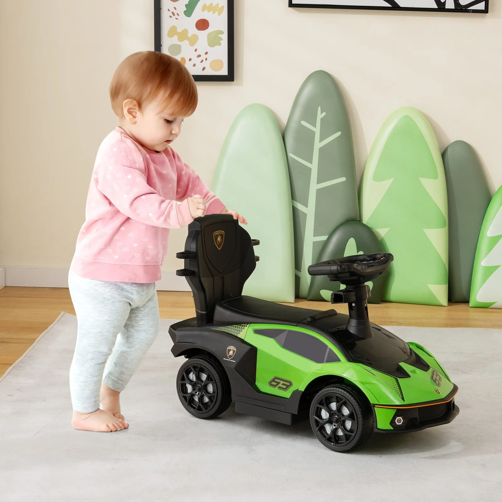 3-in-1 Licensed Lamborghini Ride-On Push Car Stroller Sliding Car with Sound Green - Image 4