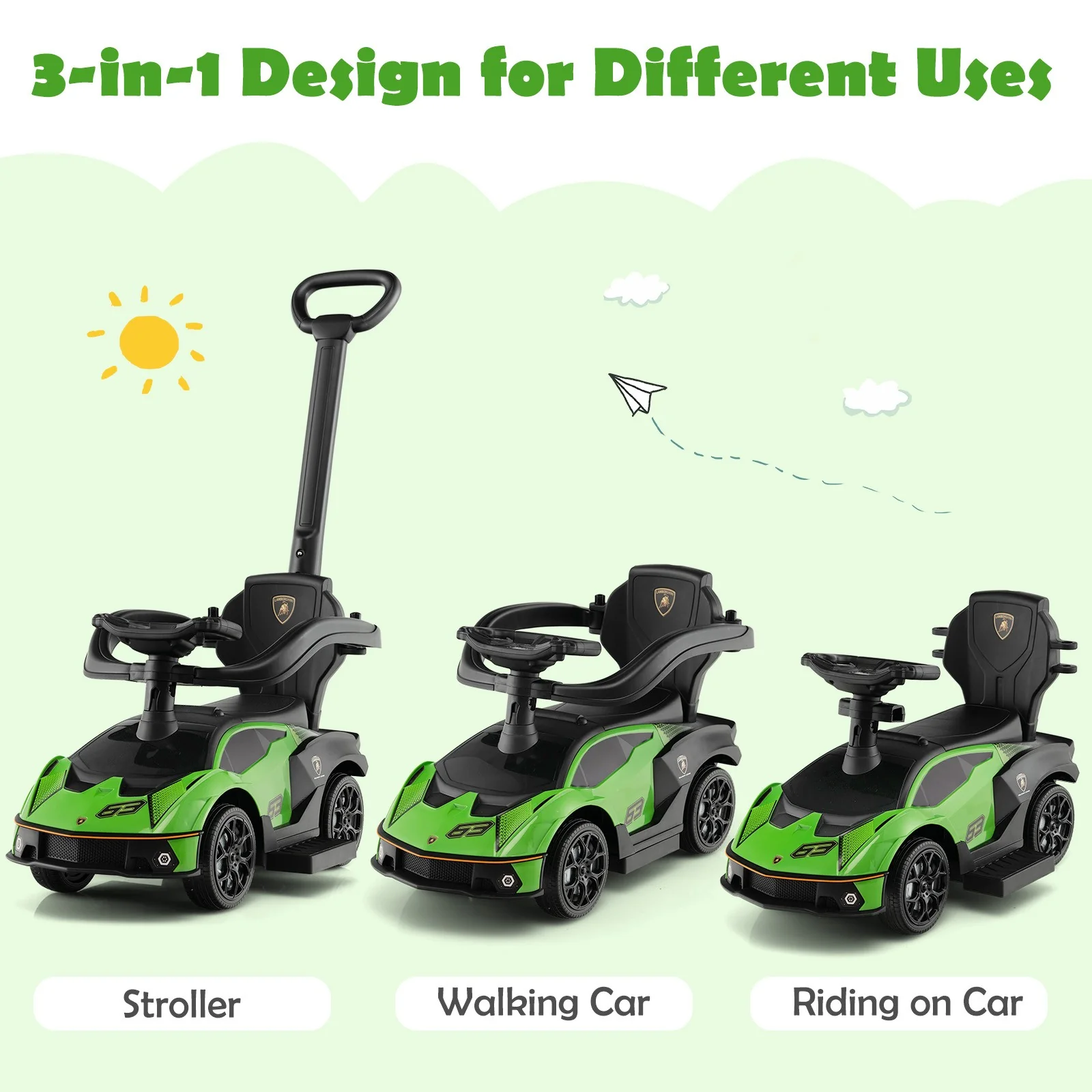 3-in-1 Licensed Lamborghini Ride-On Push Car Stroller Sliding Car with Sound Green - Image 5