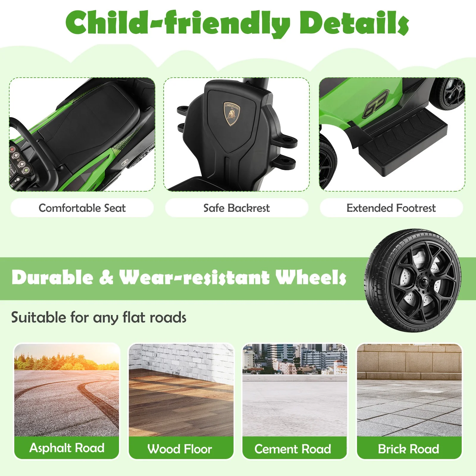 3-in-1 Licensed Lamborghini Ride-On Push Car Stroller Sliding Car with Sound Green - Image 8