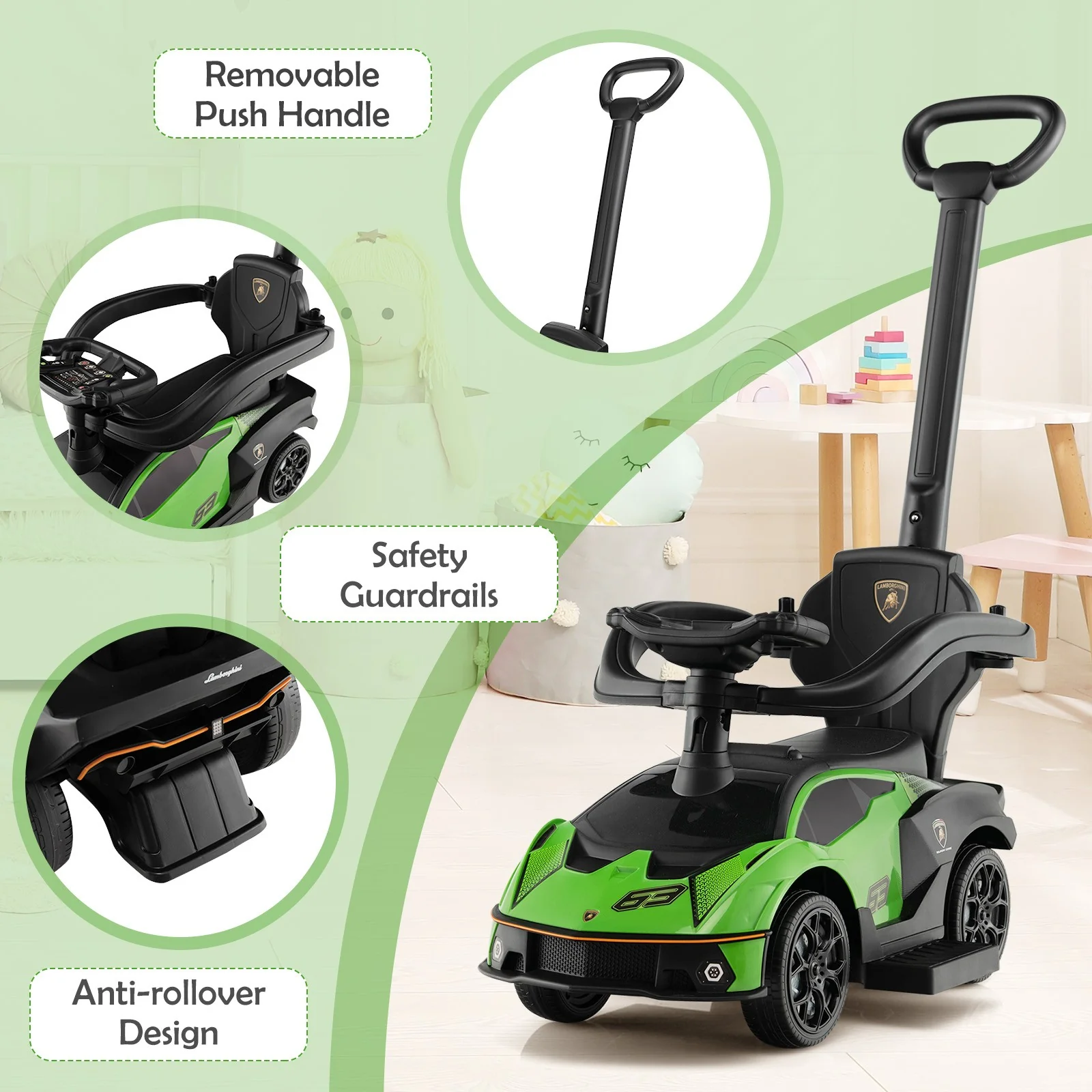 3-in-1 Licensed Lamborghini Ride-On Push Car Stroller Sliding Car with Sound Green - Image 9