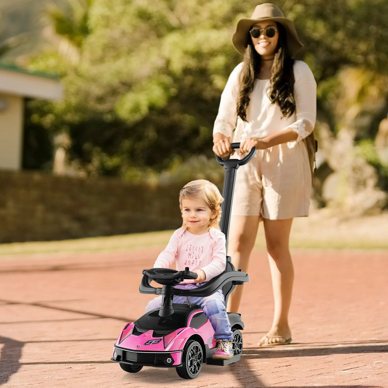3-in-1 Licensed Lamborghini Ride-On Push Stroller and Sliding Car with Sound Pink - Image 3