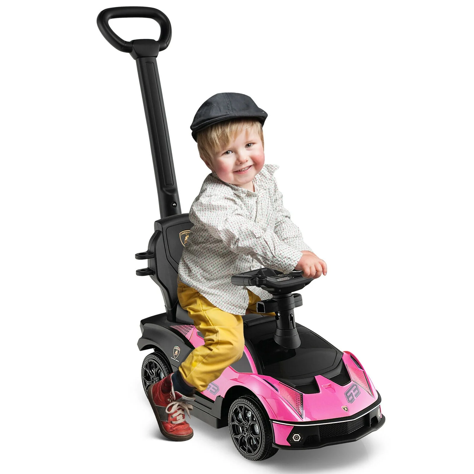 3-in-1 Licensed Lamborghini Ride-On Push Car Stroller Sliding Car with Sound Pink - Image 10