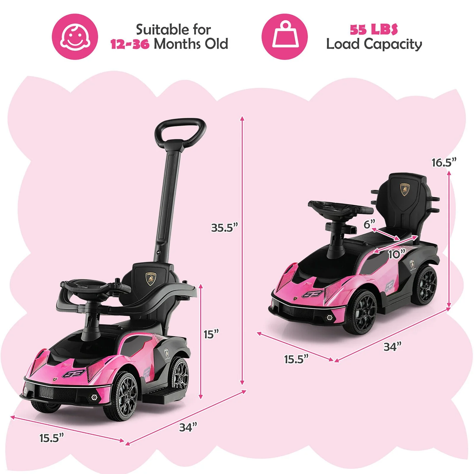 3-in-1 Licensed Lamborghini Ride-On Push Car Stroller Sliding Car with Sound Pink - Image 3