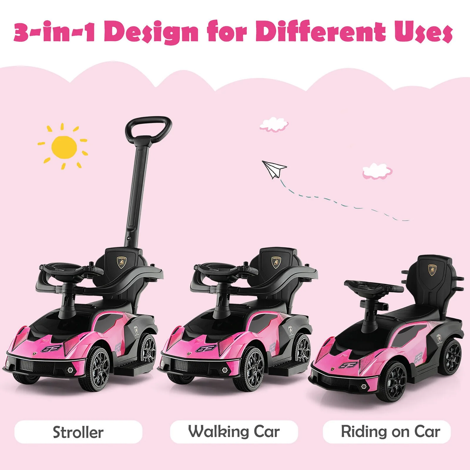 3-in-1 Licensed Lamborghini Ride-On Push Car Stroller Sliding Car with Sound Pink - Image 5