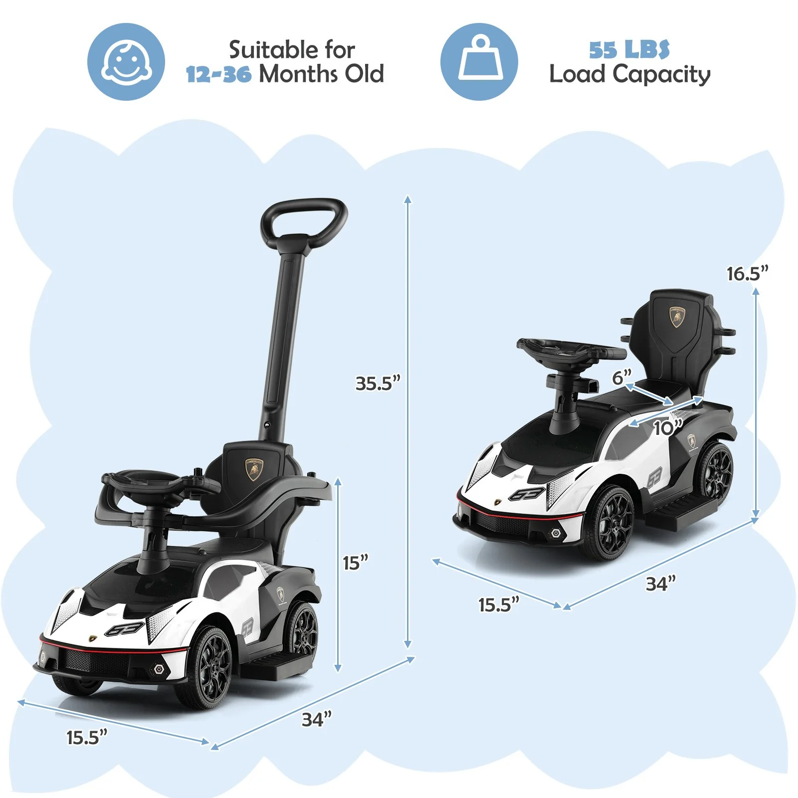 3-in-1 Licensed Lamborghini Ride-On Push Car Stroller Sliding Car with Sound and Music - Image 2