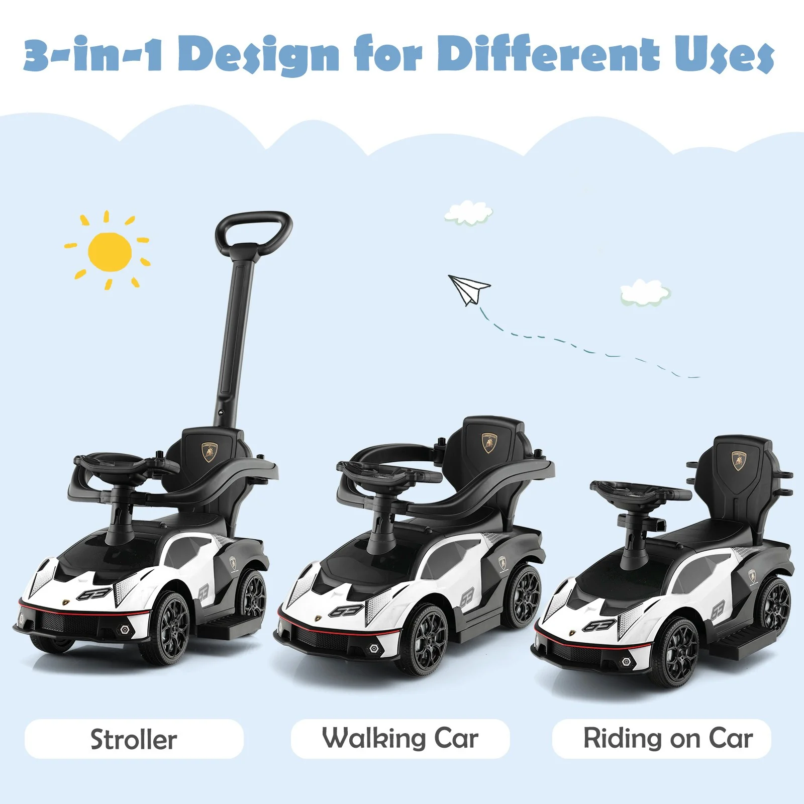 3-in-1 Licensed Lamborghini Ride-On Push Car Stroller Sliding Car with Sound and Music - Image 5