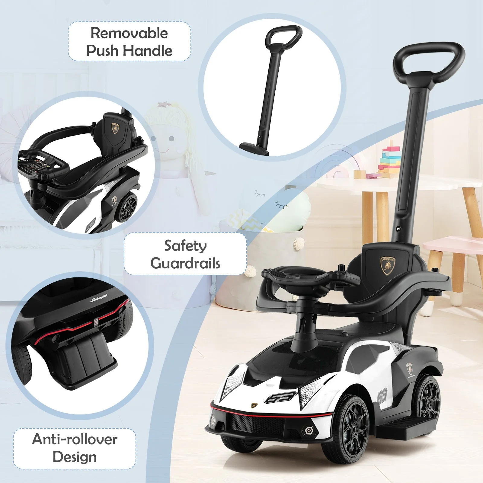 3-in-1 Licensed Lamborghini Ride-On Push Car Stroller Sliding Car with Sound and Music - Image 8