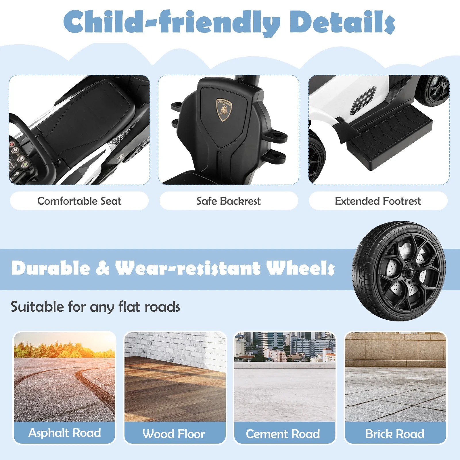 3-in-1 Licensed Lamborghini Ride-On Push Car Stroller Sliding Car with Sound and Music - Image 9