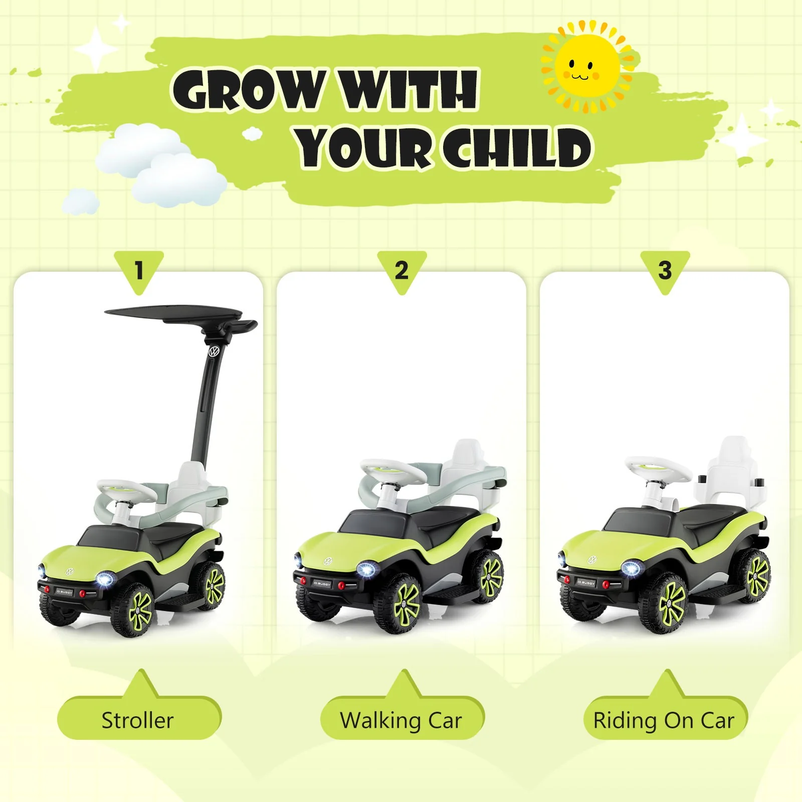 3-in-1 Licensed Volkswagen Kids Ride-On Push and Sliding Car with Lights and Music - Image 5