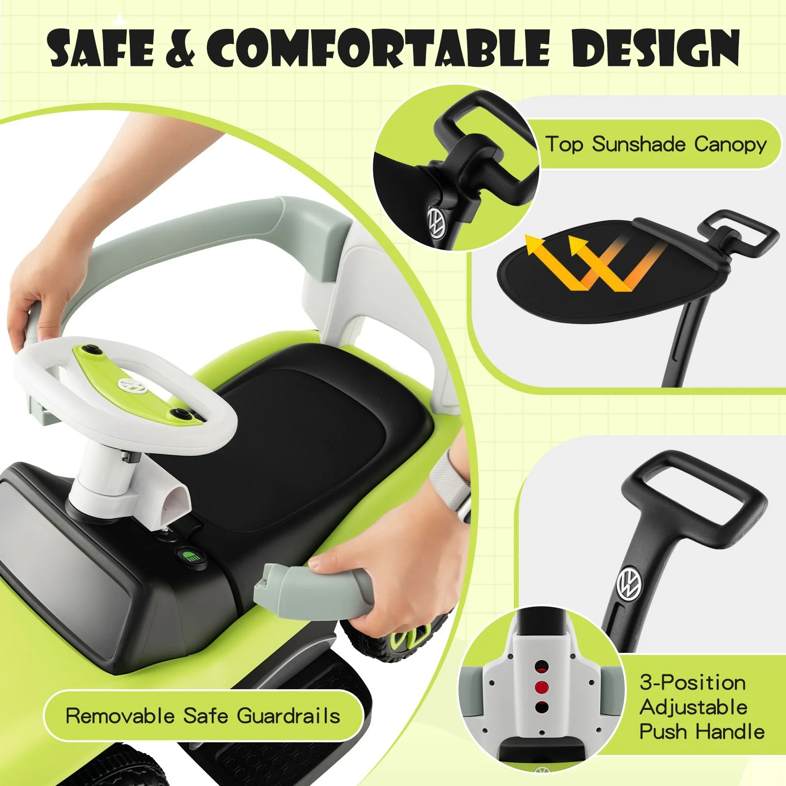 3-in-1 Licensed Volkswagen Kids Ride-On Push and Sliding Car with Lights and Music - Image 6