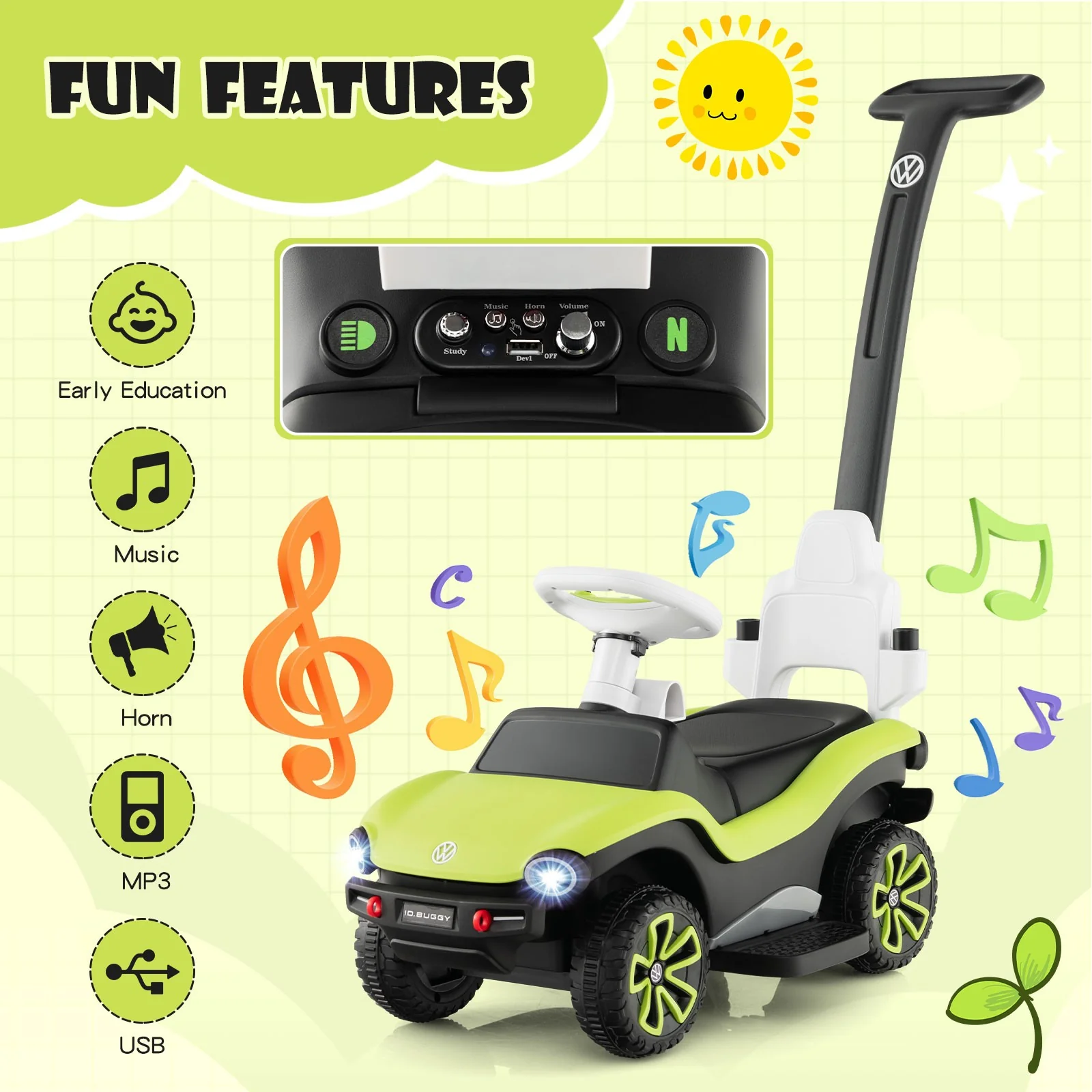 3-in-1 Licensed Volkswagen Kids Ride-On and Push Car with Sliding Function, Music, and Lights - Image 7