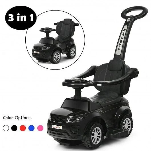 3-in-1 Toddler Ride-On Push Car Stroller with Sliding Seat and Music, Black - Image 3