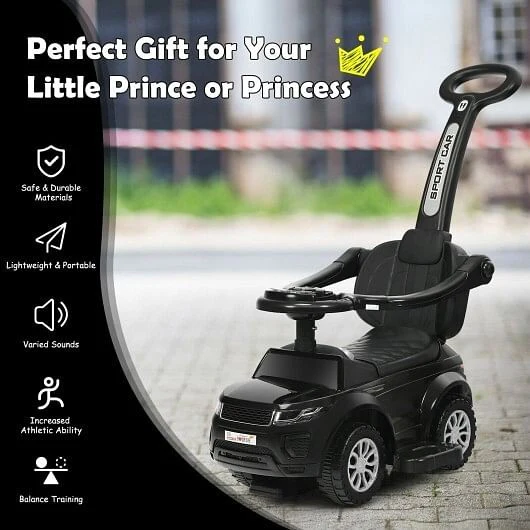 3-in-1 Toddler Ride-On Push Car Stroller with Sliding Seat and Music, Black - Image 4