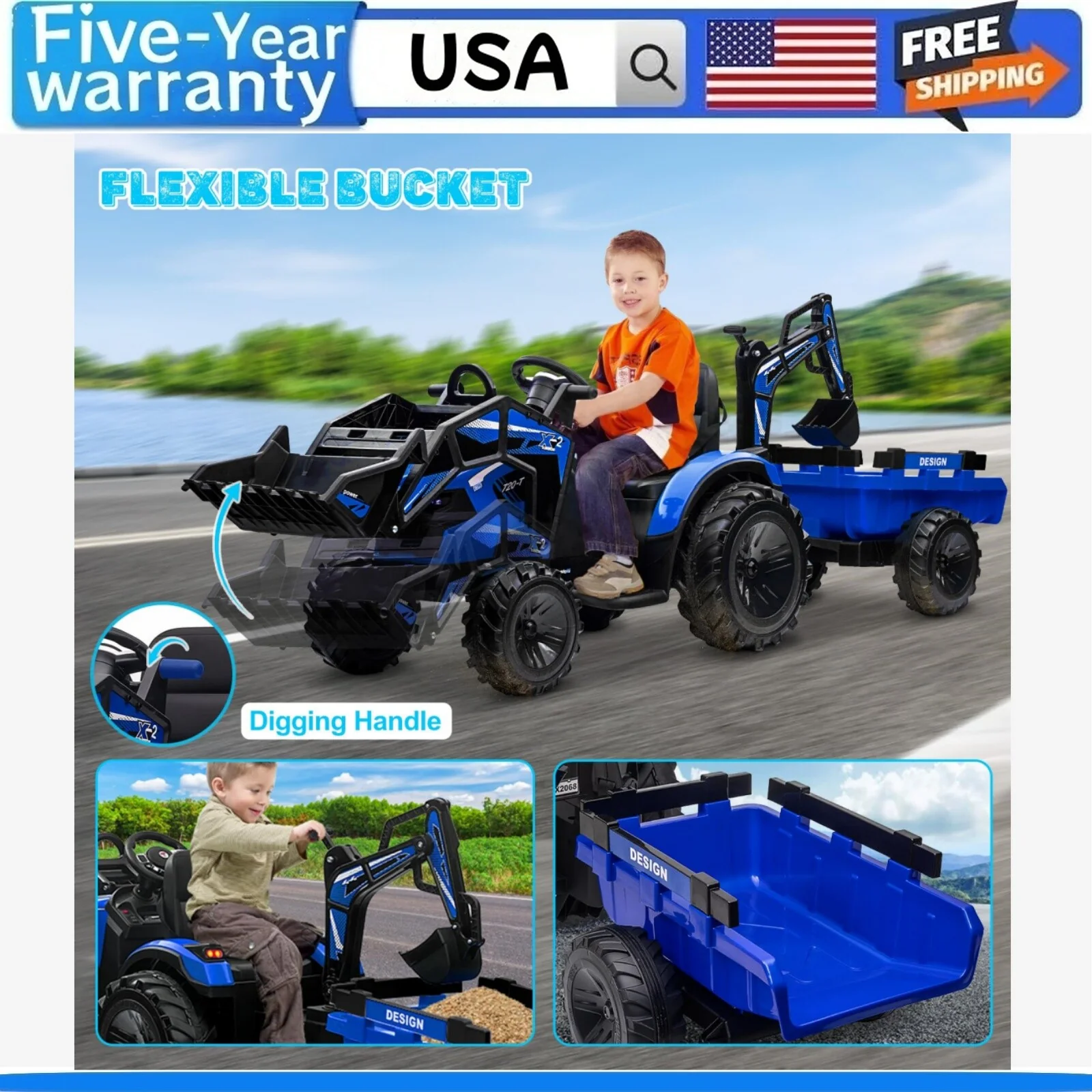 3-in-1 Ride-On Electric 24V Tractor, Excavator, and Bulldozer with Trailer