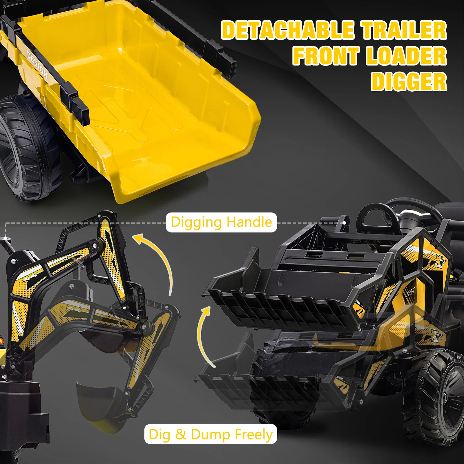 3-in-1 Ride-On Tractor Excavator Bulldozer 24V Electric Vehicle with Trailer - Image 2