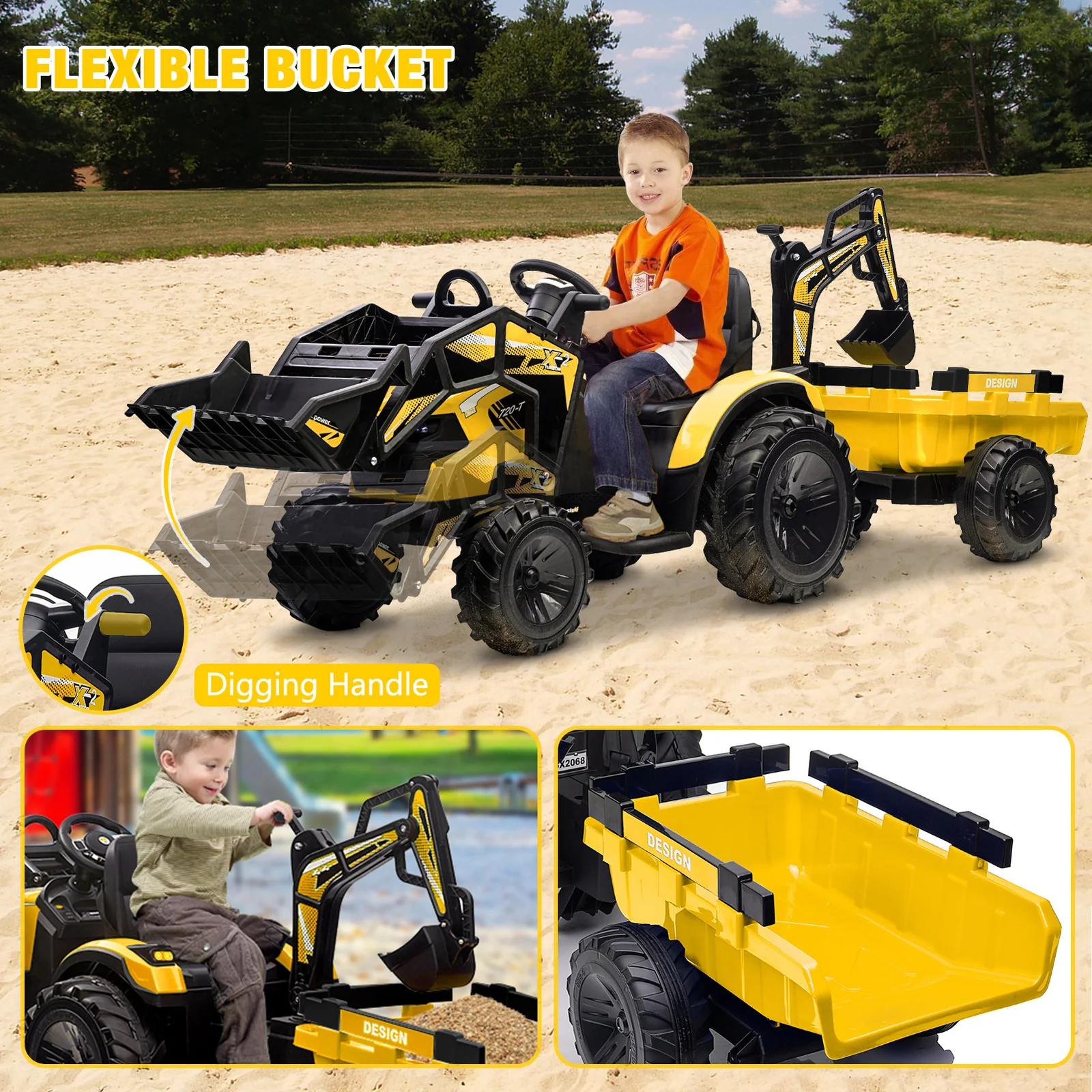 3-in-1 Ride-On Tractor Excavator Bulldozer 24V Electric Vehicle with Trailer - Image 6