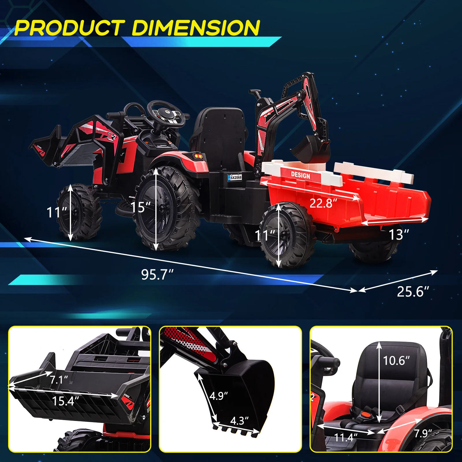 3-in-1 Ride-On Electric Tractor, Excavator & Bulldozer Vehicle with 24V Battery and Trailer - Image 13