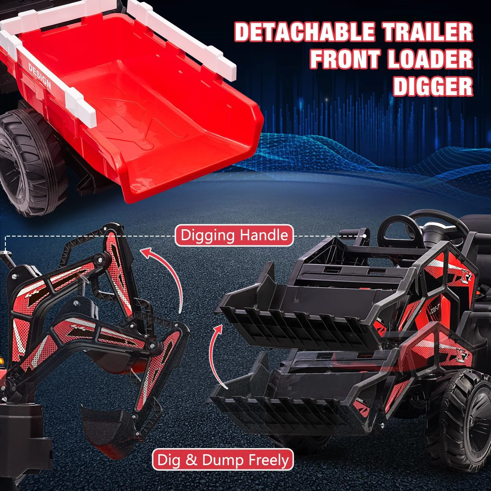 3-in-1 24V Electric Ride-On Tractor, Excavator & Bulldozer with Trailer Toy Vehicles - Image 6