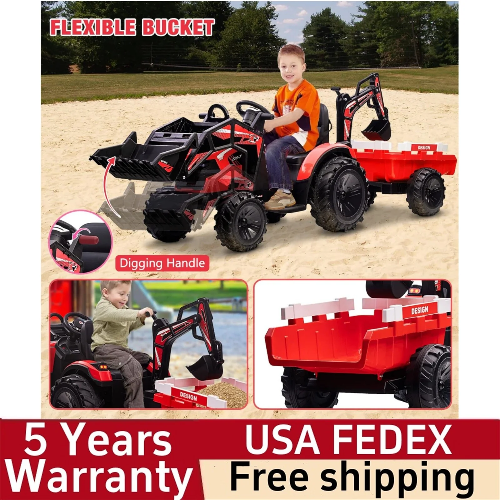 3-in-1 24V Electric Ride-On Tractor, Excavator, and Bulldozer with Trailer