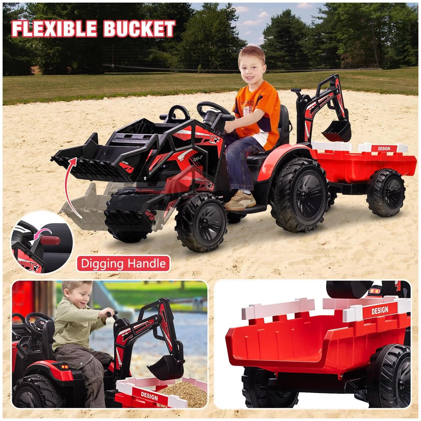 3-in-1 24V Electric Ride-On Tractor, Excavator, and Bulldozer with Trailer - Image 5