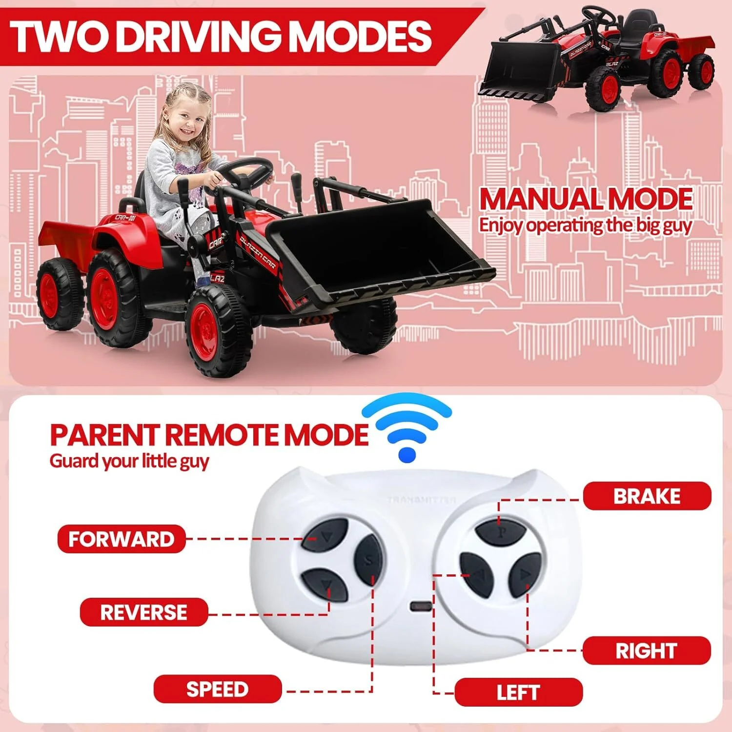 3-in-1 Kids Electric Ride-On Tractor with Trailer 12V Battery and Remote Control - Image 4