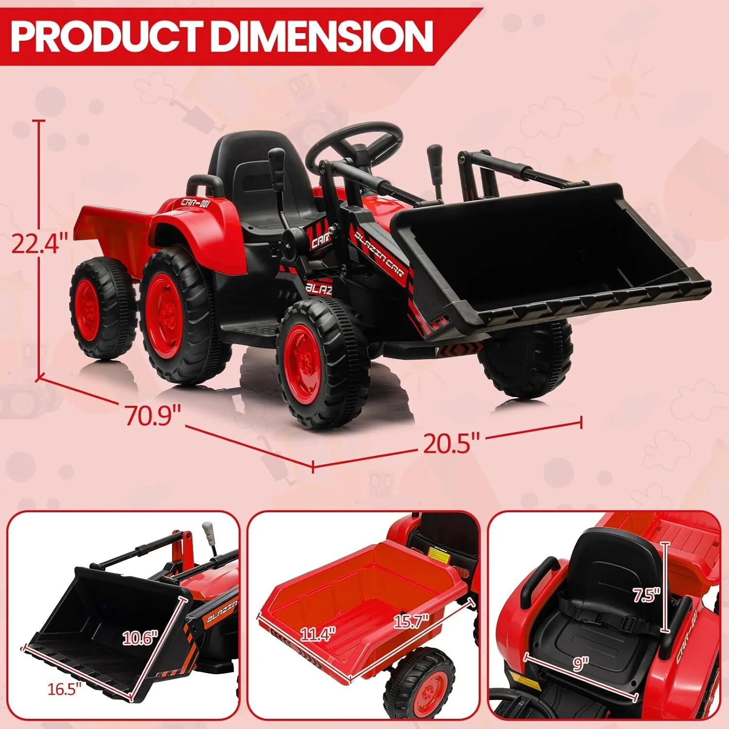 3-in-1 Kids Electric Ride-On Tractor with Trailer 12V Battery and Remote Control - Image 5