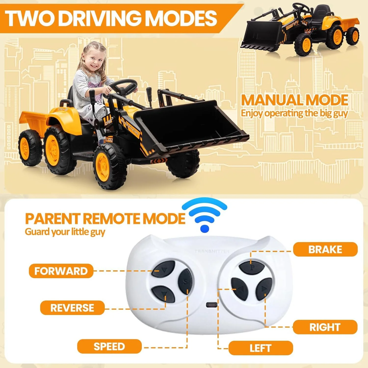 3-in-1 Kids Electric Ride-On Tractor with Trailer 12V Battery and Remote Control - Image 9