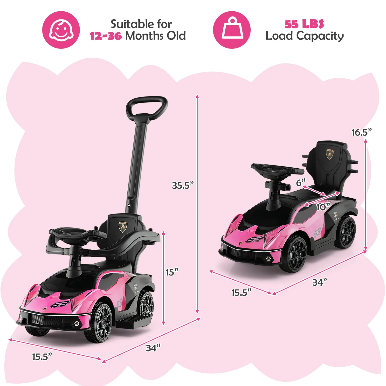 3-in-1 Licensed Lamborghini Ride-On Push Car Stroller with Sound Pink - Image 2